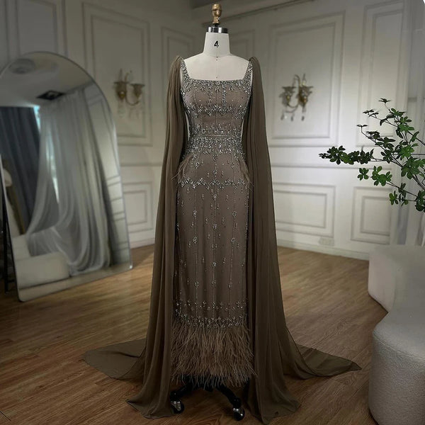Caramel Mermaid Ankle Length Beaded Evening Dress Gown with Feathers LA71492B