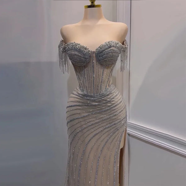 Silver Nude Beaded Tassel Boat Neck Mermaid Evening Dress with Split LA72391