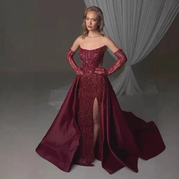 Luxury Wine Red Beaded Evening Dress Gown with Gloves and Overskirt LA72935