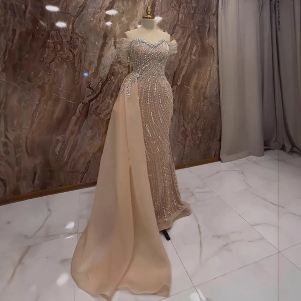 Nude Luxury Beaded Mermaid Evening Dresses With Overskirt Gown For Formal Occasion LA72911