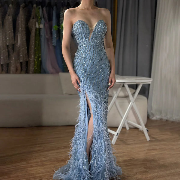 Luxury Blue Feather Beaded Evening Dress with Side Skirt LA72695