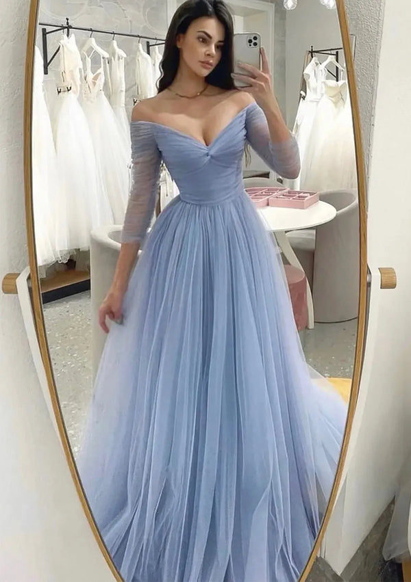 Serene Hill  Arabic Blue A-Line Off-the-Shoulder Tulle Prom Dress with Pleats for Women's Party LA72690