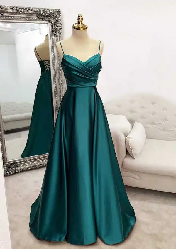 Serene Hill  Arabic Green A-Line Spaghetti Straps Floor-Length Satin Prom Dress with Pleats for Women's Party LA72684