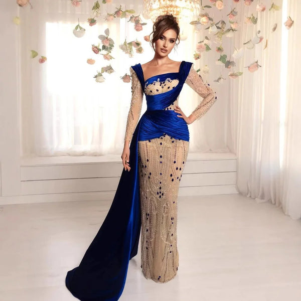 Luxury Royal Blue Velvet Beaded Mermaid Evening Dress LA72988