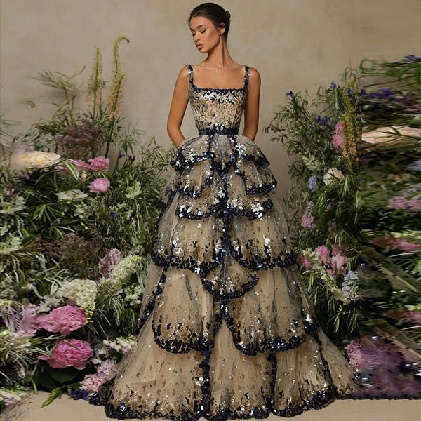Luxury Designer Sparkly Sequin Tiered Ruffles Ball Gown Evening Dress LA72505