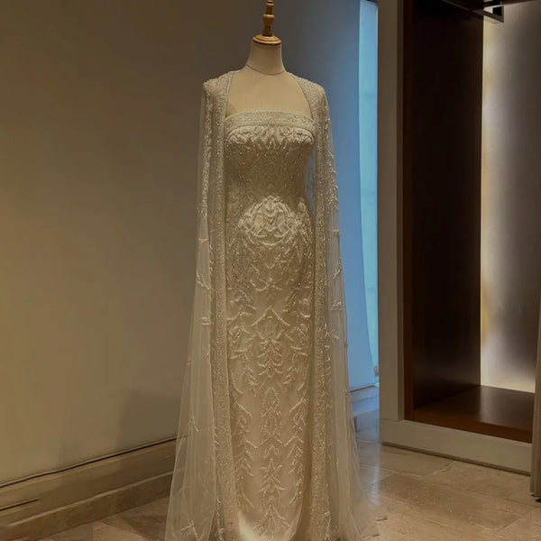 Luxury White Dubai Arabia Beading  Evening Dress With Cape LA72870