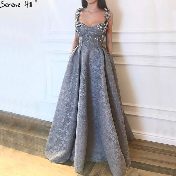 On Sale No Return No Refund Sale 2025 Grey Sequined Flowers Lace Evening Dresses New Sexy Sleeveless Fashion Beach Evening Gowns Serene Hill LA6539
