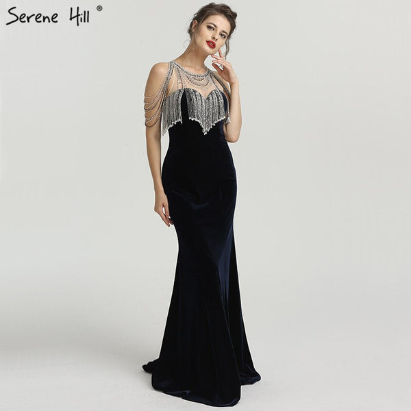 On Sale no return no refundSale 2025 Sleeveless Beading Tassel Mermaid Evening Dresses New Red Velour Sexy Elegant Evening Gowns Serene Hill LA6586