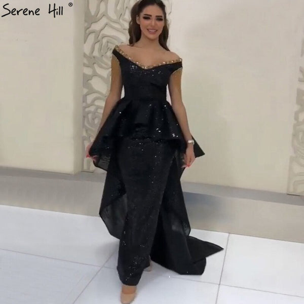 On Sale No Return No Refund Black Asymmetrical Sleeveless Sexy Evening Dresses 2025 Dubai Design Off Shoulder Tassel Formal Dress Serene Hill LA60798