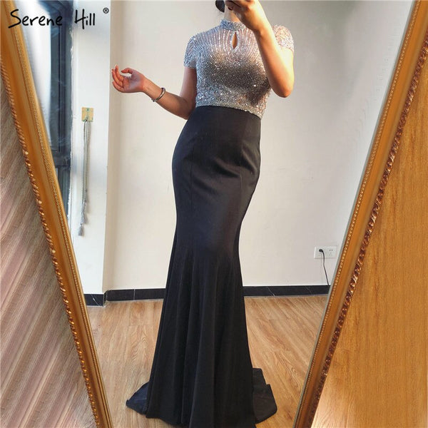 Sale Black High Neck Satin Mermaid Evening Dresses 2025 Beading Crystal Short Sleeves Sexy Evening Gowns Serene Hill LA70162