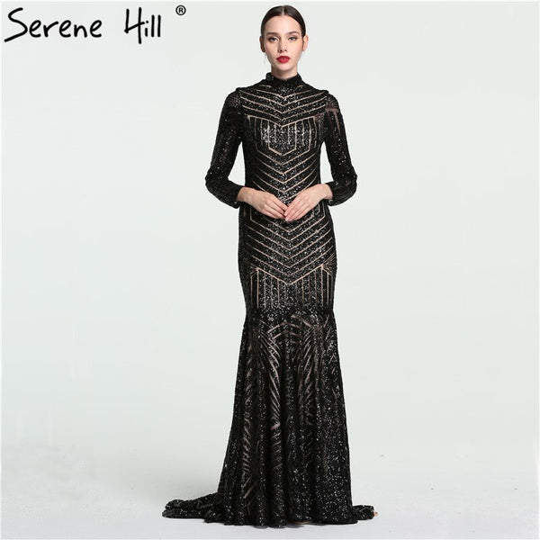Sale Black Mermaid High Neck Luxury Evening Dresses Sequined Long Sleeves Formal Evening Gowns 2025  Serene Hill LA6090