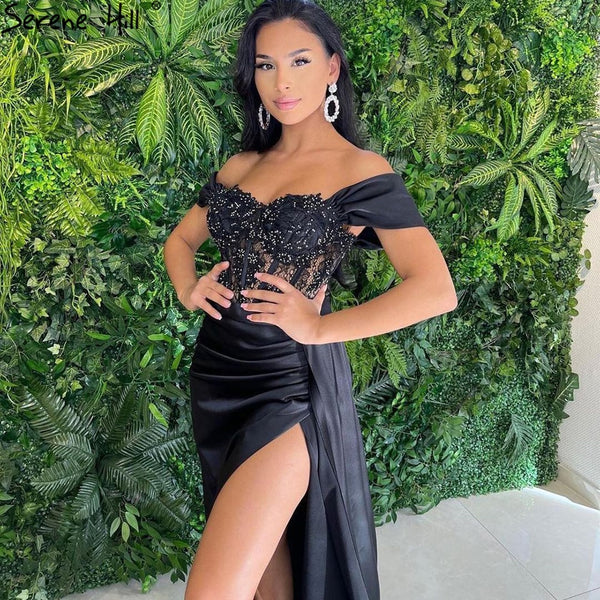 Black Mermaid High Split Evening Dresses Gowns 2025 Satin Beaded Elegant Sexy For Women Party LA71412 Serene Hill
