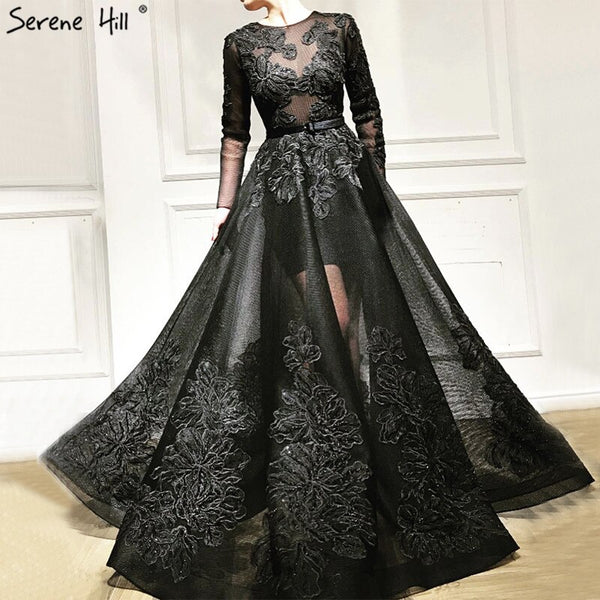 Luxury Black Flowers Evening Dresses With Long Sleeve LA60837 On Sale