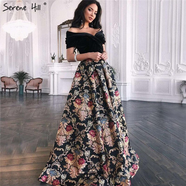 Sale Black Off Shoulder 3D Flowers Evening Dresses 2025 Short Sleeve A-Line Sexy Formal Dress Serene Hill LA70016
