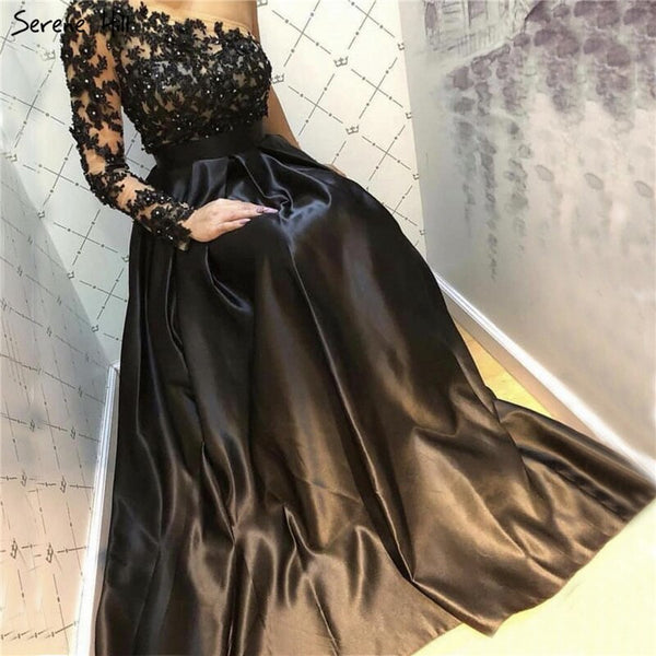 Black Off Shoulder Sexy A-Line Evening Dresses 2025 Handmade Flowers Crystal Satin Formal Dress Serene Hill LA70038