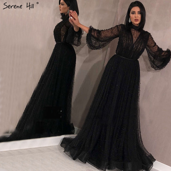 Black Peach Pearls A-Line Evening Dresses 2025 Latest Design Long Sleeves Sexy Evening Gowns Serene Hill Plus Size LA60835