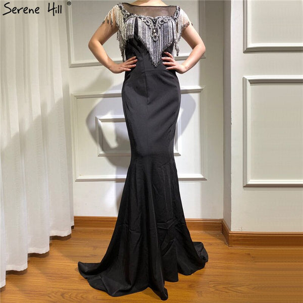 On Sale no return no refundSale Black Sleeveless Mermaid Evening Dresses 2025 Beading Tassel Sexy Elegant Formal Dress Serene Hill LA70078