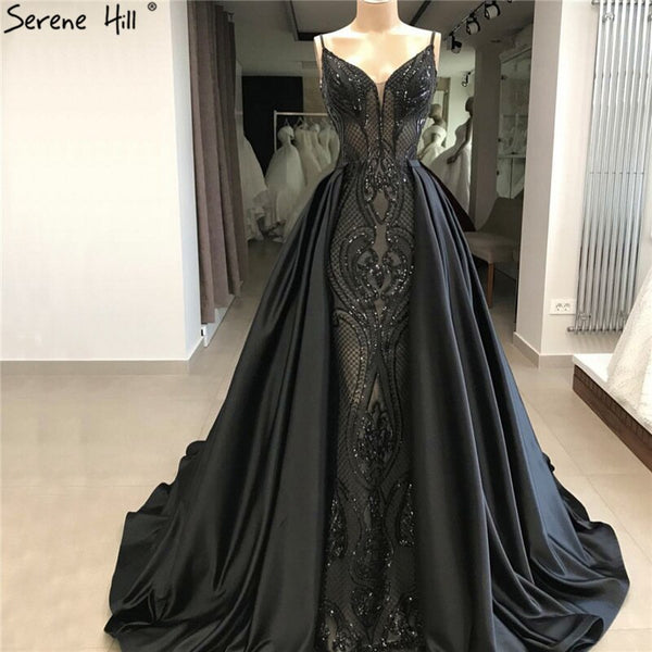 Black  V-Neck Sexy Sparkle 2025 Evening Dresses Dubai Design Sequined Sleeveless Evening Gowns Real Photo LA60727