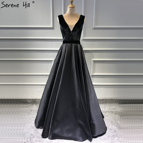 On Sale No Return No Refund  Sale Black Velour Sleeveless A-Line Sexy Evening Dresses 2025 Real Photo Deep-V Simple Formal Dress Serene Hill LA60951