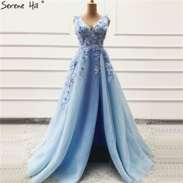 On Sale no return no refund Sale Blue Handmade Flowers Diamonds V-Neck Evening Dresses Sleeveless Sexy A-Line Formal Dress 2025 Serene Hill LA60867