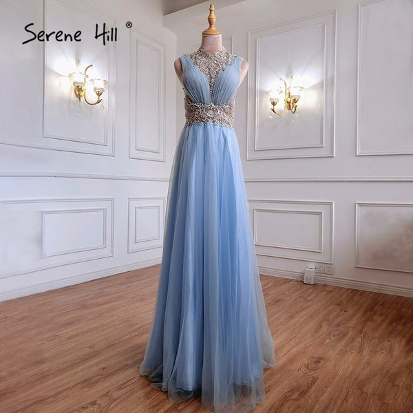 On Sale no return no refundBlue Luxury A-Line Evening Dresses Gowns 2025 Beaded Sleeveless For Women Wedding Party LA70961 Serene Hill