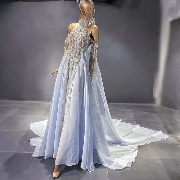 Blue Luxury Halter Cape Evening Dresses Gowns 2025 Beaded A-Line High-end For Women Party Serene Hill LA71522