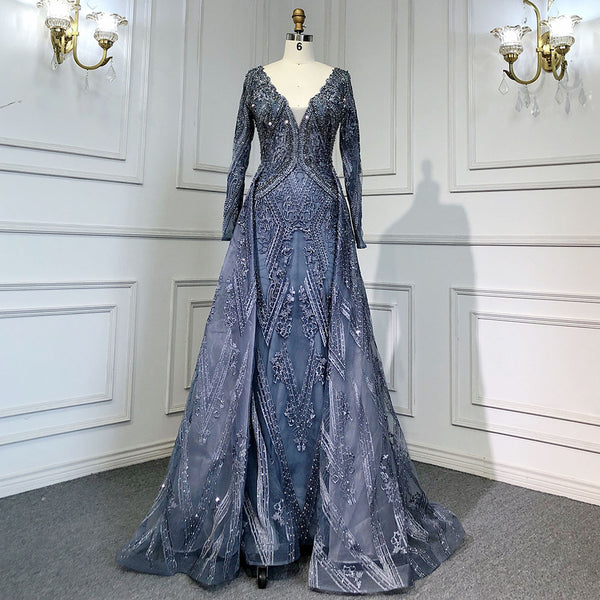 Blue Luxury Mermaid Overskirt Evening Dresses Gowns 2025 Beaded Elegant Long Sleeves For Women Party Serene Hill LA71619