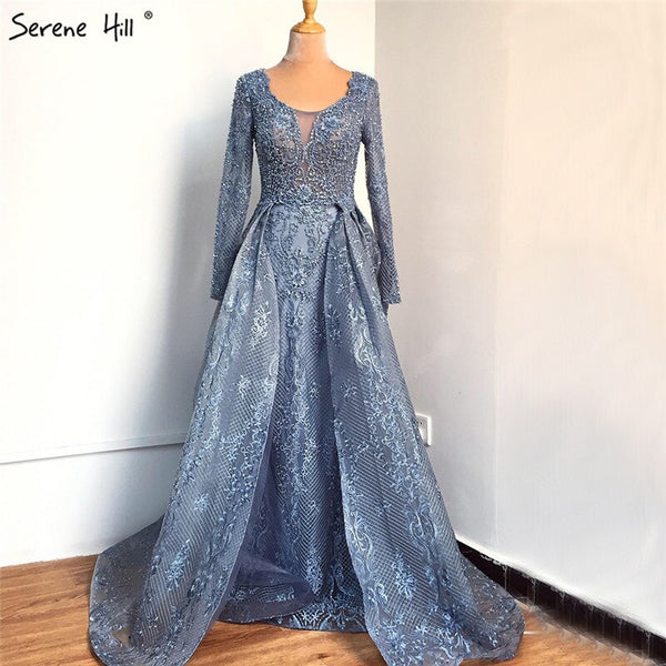 Blue Muslim Beading Mermaid Lace  Crystal Design Evening Dresses 2025 Dubai Luxury  Plush Size Evening Gowns Serene Hill LA70424