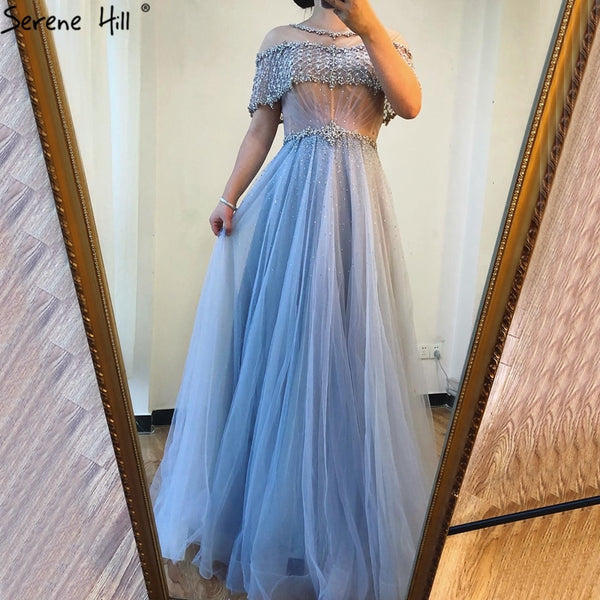 Blue Sequin A-Line Evening Dress with Short Sleeves LA70352