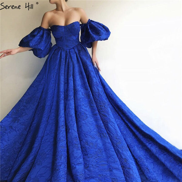 On Sale no return no refundSale Blue Off Shoulder Puff Half Sleeves Evening Dresses Dubai Sexy Fashion Formal Evening Gowns Serene Hill LA60923