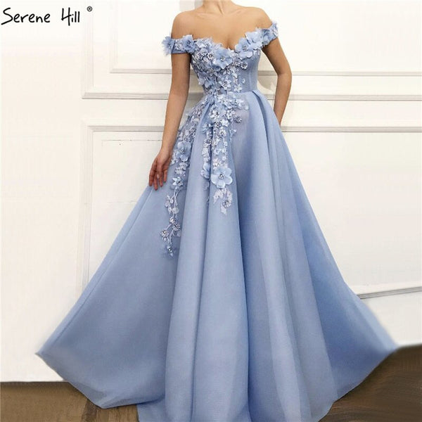 Sale Blue Off  Shoulder Sexy Beach Evening Dresses Handmade Flowers Pearls Sleeveless Evening Gowns 2025 Serene Hill LA60868