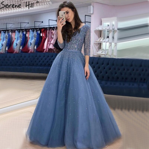 On Sale no return no refundBlue V-neck Sexy Ball Gowns Evening Dresses 2025 Crystal Sparkle Tulle Formal Dress Design Serene Hill LA70481