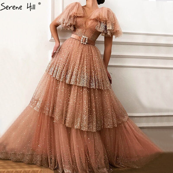 Sale Blush Pink V-Neck Sexy Sparkle Evening Dresses 2025 A-Line Tiered Sequined Tulle Evening Gowns Serene Hill LA60765