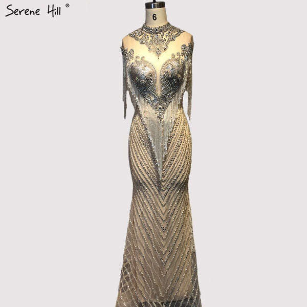 Dubai Beading Tassel Luxury Sexy Evening Dresses 2025 Silver Sleeveless High-end Evening Gowns Serene Hill LA60811