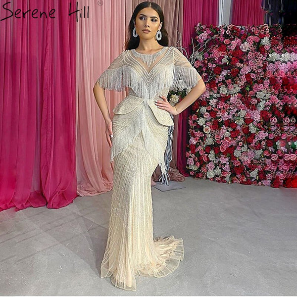 Dubai Beige Tassel Beading Mermaid Evening Dresses Design 2025 Half Sleeves Luxury Sexy Formal Dress Serene Hill LA70342