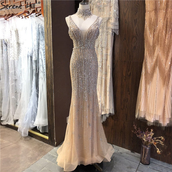 Dubai Champagne Pearls Diamond Formal Gowns Design 2025 V-Neck Sleeveless Sexy Evening Dresses Serene Hill LA70055