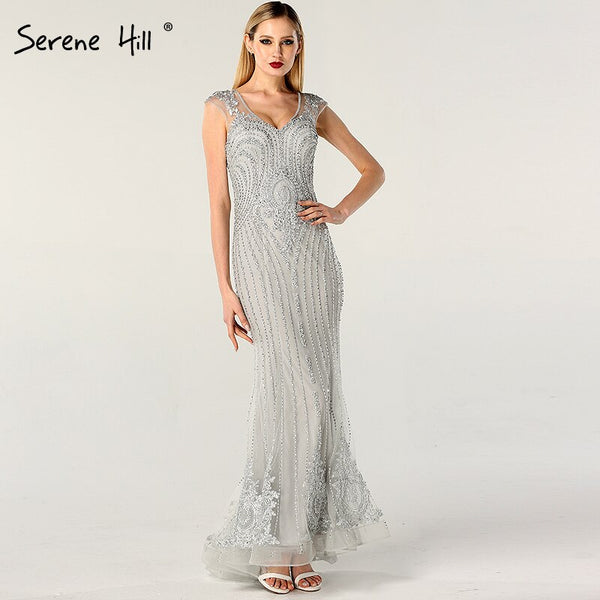 On Sale no return no refundSale Dubai Design Grey V-Neck Luxury Evening Dresses Beading Pearls Cap Sleeve Sexy Evening Gowns 2025 Serene Hill LA60821