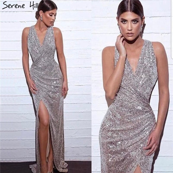 Sale Dubai Design Silver Deep-V Luxury Evening Dresses Sequined Mermaid Sexy Formal Dress 2025 Serene Hill LA70052