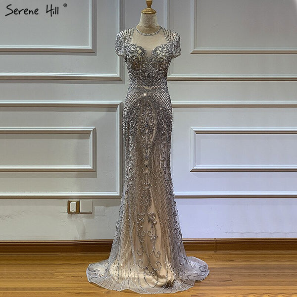 Dubai Grey Full Diamond Sexy Evening Dresses 2025 Cap Sleeve Luxury Mermaid Formal Dress Serene Hill LA60934