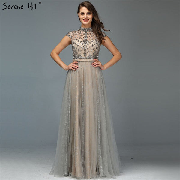 Dubai Grey High-end O-Neck Sexy Evening Dresses 2025 Sleeveless A-Line Diamond Beading Formal Dress Real Photo LA70142