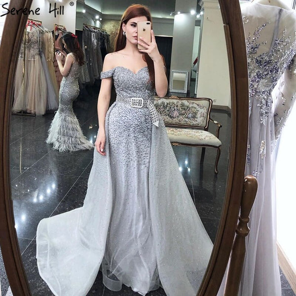 On Sale no return no refundDubai Grey Mermaid Luxury Sleeveless Evening Dresses 2025 Off Shoulder Sexy Formal Dress  Design Serene Hill LA70602