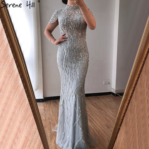 Dubai Grey Mermaid Short Sleeves Evening Dresses Luxury Beading Sparkle Formal Dress 2025 Serene Hill LA70649