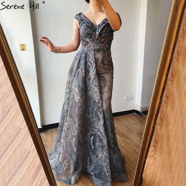 Dubai Grey Mermaid Sleeveless Sexy Evening Dresses 2025 V-Neck Crystal Luxury Evening Gowns 2025 Serene Hill LA70557