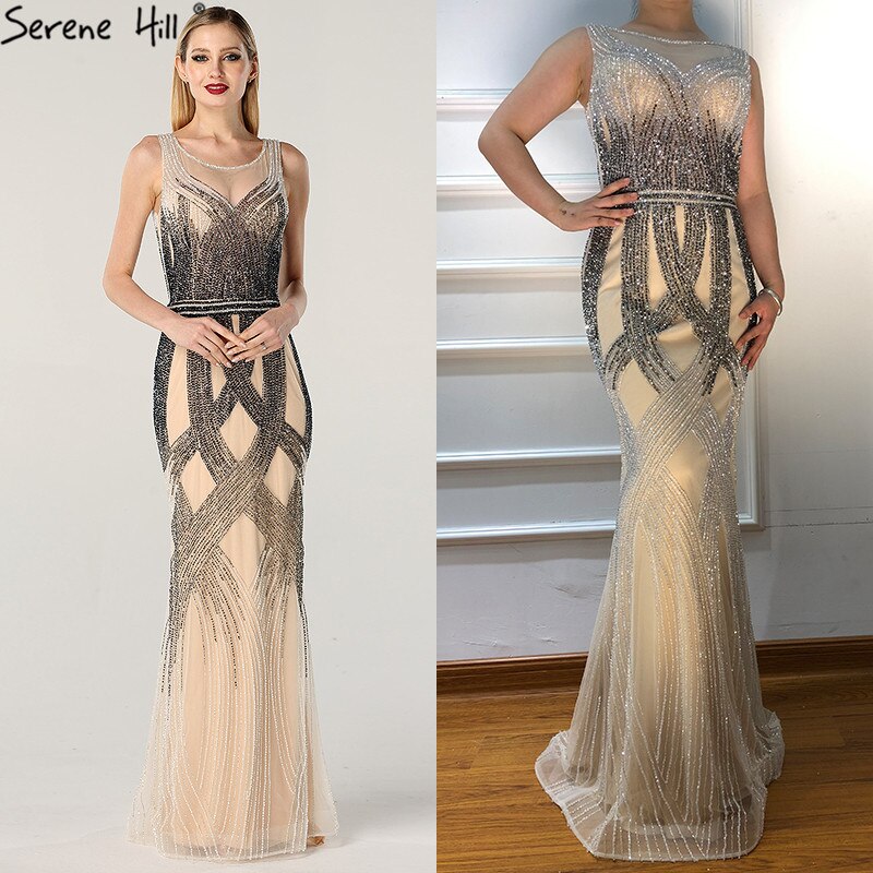 On Sale no return no refundSale O-Neck Luxury Illusion Mermaid Evening Dresses Long Sexy Beading Crystal Fashion Evening Gown LA6119