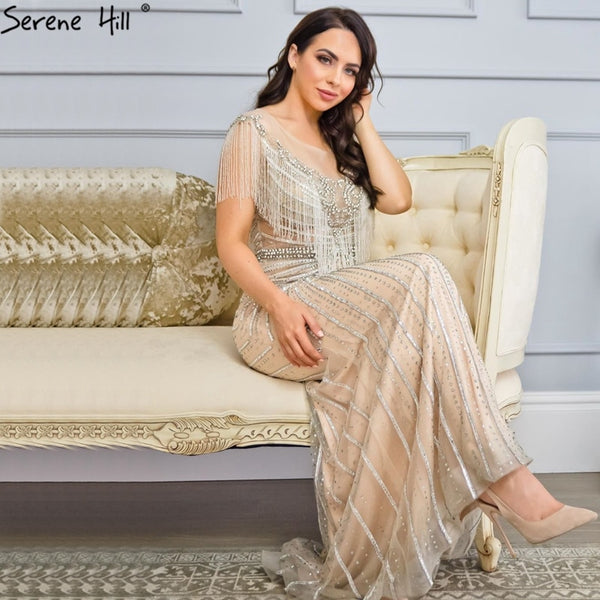 Dubai Luxury Beading Tassel Evening Dresses 2025 Latest Design Silver Mermaid Evening Gowns Serene Hill LA60847