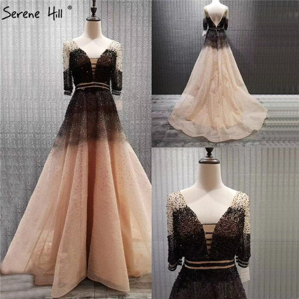 On Sale no return no refundSale Dubai Luxury Half Sleeves A-Line Evening Dresses Black Backless Tulle Sexy Evening Gowns 2025 Serene Hill LA60808
