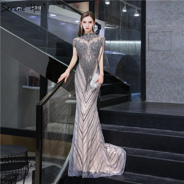 Dubai Luxury High-end Sexy Evening Dresses 2025 Champagne Grey Beading Tassel Formal Dress Serene Hill LA60811