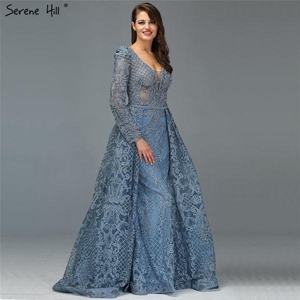Dubai Muslim Blue Luxury Long elegant Evening Dresses 2020 Crystal Mermaid Evening Gowns Plus Size LA70159 grande