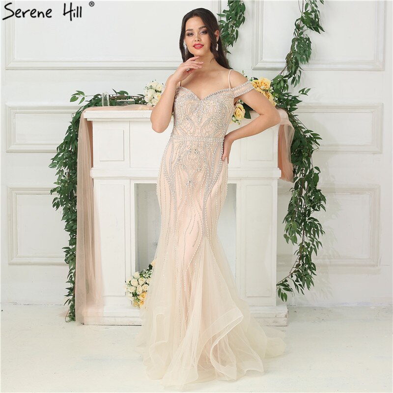 On Sale no return no refund Gold A-Line V-Neck Luxury Sexy Evening Dresses 2025 Pearls Crystal Long Sleeves Fromal Gown LA70287L