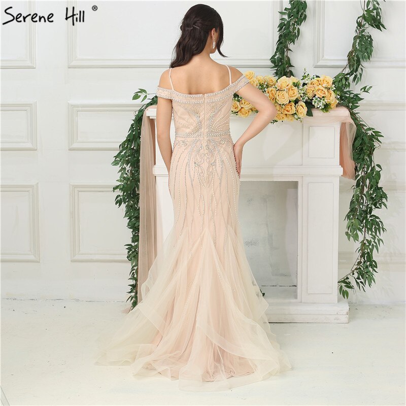 On Sale no return no refund Gold A-Line V-Neck Luxury Sexy Evening Dresses 2025 Pearls Crystal Long Sleeves Fromal Gown LA70287L main image 1